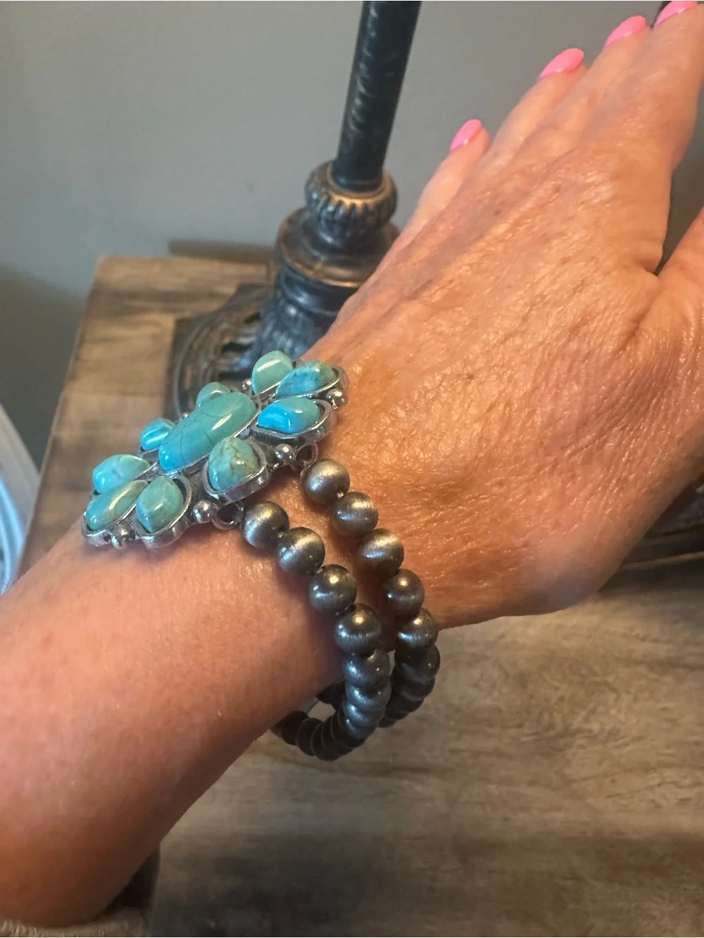 Turquoise Flower Statement Bracelet - Blue Stone Stretch Cuff